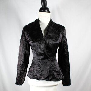 Vintage 1980s Black Sateen Floral Tuxedo Style Jacket Small Gothic Vampire